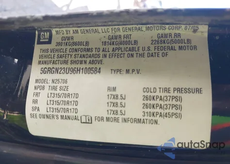 2006 Hummer H2 Suv из США, поврежденный, VIN 5GRGN23U96H100584